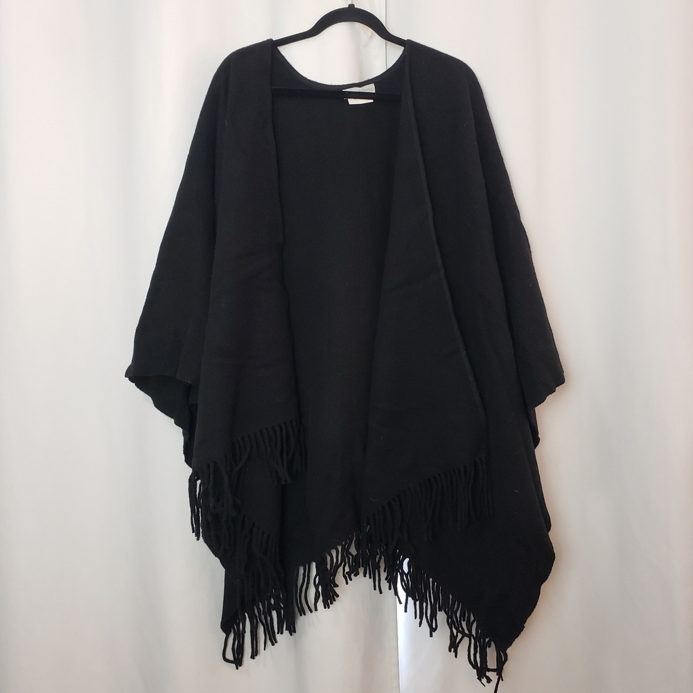 Sutton Studio Womens 100% Wool Fringe Poncho Wrap Cape Solid Black Open Front